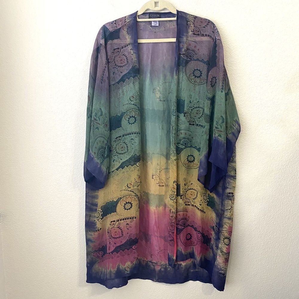 Citron Kimono Wrap Cardigan Womens L/XL 100% Silk Long Line Duster